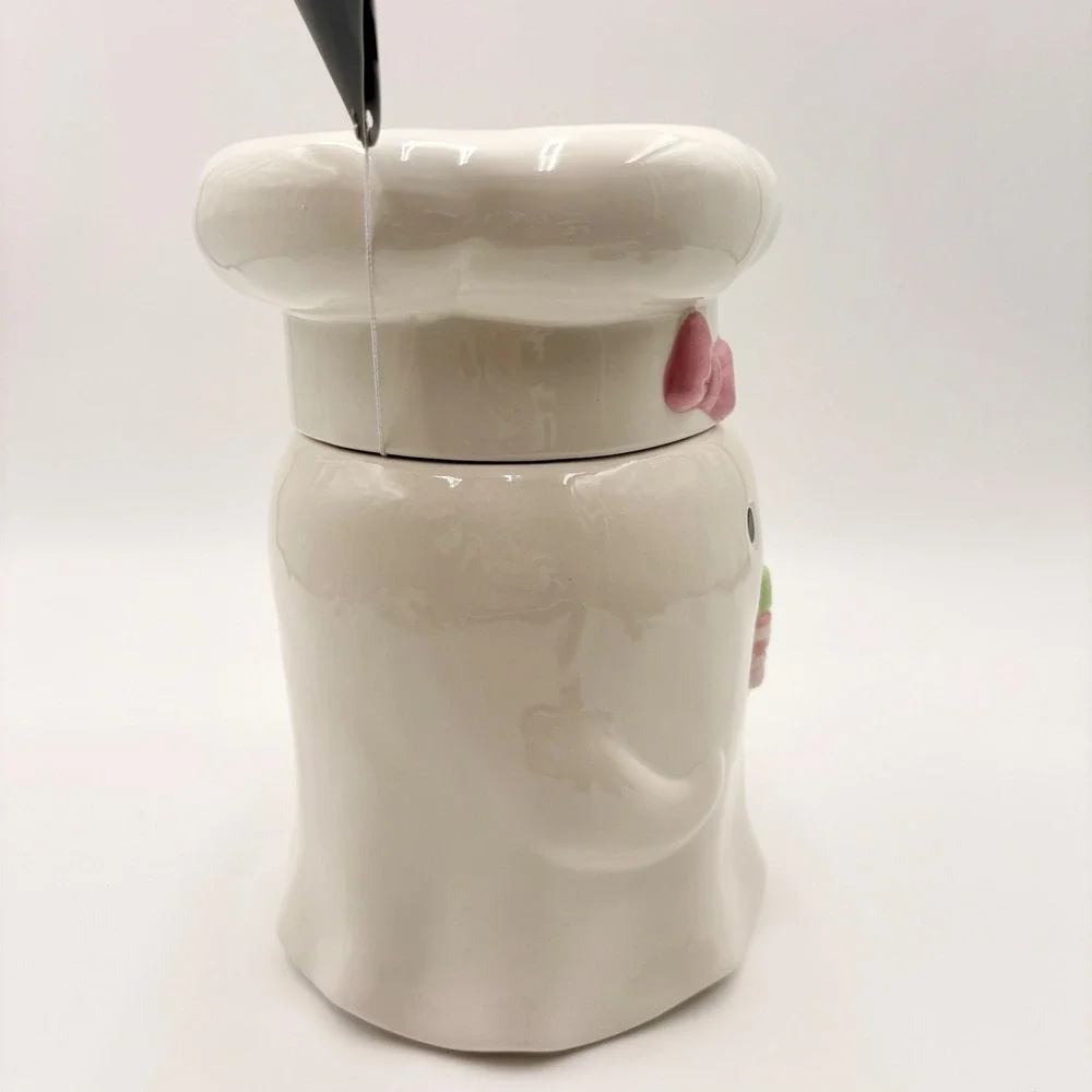 Dabney Lee Ghost Baker Ceramic Utensil Holder Cookie Jar Pink Bow Macarons NEW